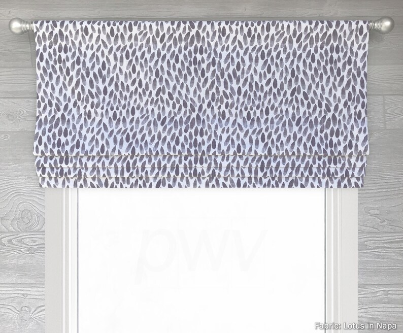 Lined Grey and Pale Amethyst Faux Mock Roman Shade Valance Modern Small Pattern Lotus in Napa Custom Sizing image 2