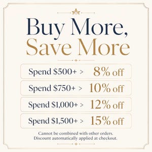 The image is a promotional graphic for a shopping experience, featuring a list of discounts and savings for various purchase amounts.