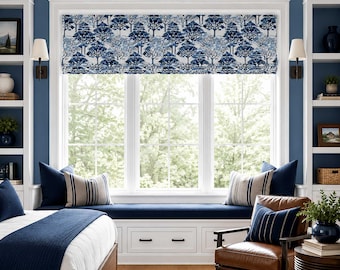 Modern Bedroom and Bath Roman Shade, Faux Shade Valance in Navy Blue and White Tree Design, Custom Window Treatment, Branches in Blue
