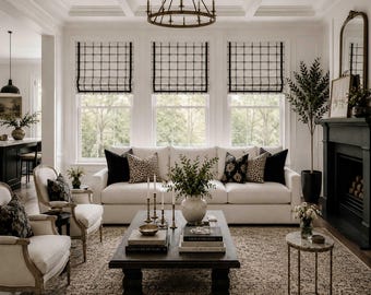 Black, Off White Faux Flat Roman Shade Kitchen Valance w/ Black Grosgrain Ribbon Trim; Modern Farmhouse Buffalo Check; Aaron in Ink
