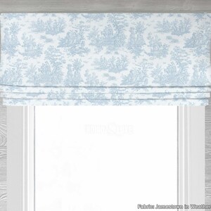 Lined Light Blue and White Toile Faux Roman Shade Window Valance; Custom Window Curtain; Jamestown in Weathered Blue;