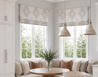 Roman Shade, Faux Shade Valance, Warm Gray, Off-White, Large Modern Medallion, Lucid Damask in Dove