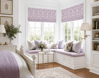 Pink Purple and White Roman Shade for Bedroom, English Cottage Faux Shade Valance, Custom Window Treatment, Field in Orchid