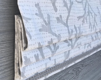 French Grey Beach House Faux (Flat) Roman Shade Window Valance with Modern Corals; Grey Accent Gimp Trim; Naples