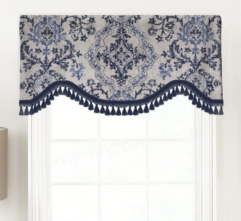 Stone Magnolia Home Fashions Avalon Navy Blue Florals Fits Single Window 33-42 Inches ONLY Shaped Rod Pocket Custom Valance Brown