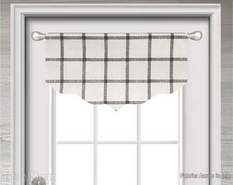 Aaron in Ink Lined Scalloped Valance for French Door or Small Window, 22" to 27" Wide, Black and Off-White