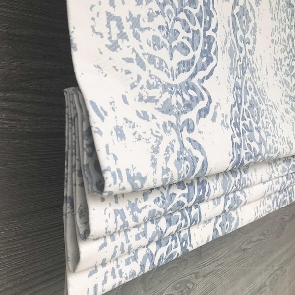 Faux Roman Shade Window Valance, Modern Floral Medallion in French Blue and White; Manchester in Cash Blue; Custom Size Width