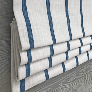 Roman Shade, Faux Shade Valance, Modern Farmhouse Stripe in Navy, Off White; Miles in Italian Denim