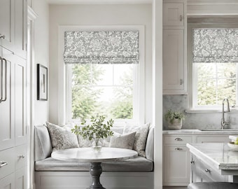 Jacobean Floral Roman Shade, Faux Shade Valance in Stone Gray and Off White for Kitchen Breakfast; Hopedale