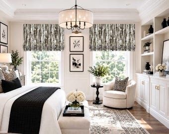 Modern Black and White Roman Shade, Bedroom Designer Stripe Faux Shade Valance, Custom Window Treatment, Amelie in Jet