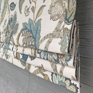Roman Shade, Faux Shade Valance, Jacobean Floral; Teal, Ivory; Finders Keepers in French Blue