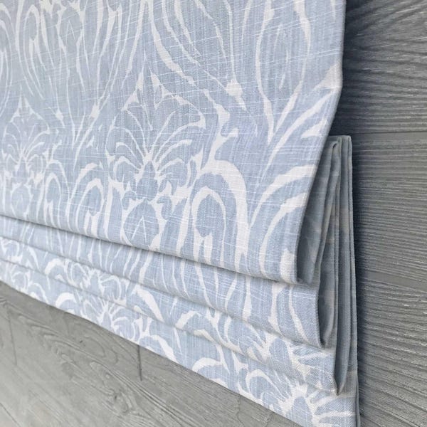 Faux (Fake) Flat Roman Shade Window Valance, Neutral Color; Powder Blue, White; Custom Size Window Curtain; Joash in Mineral Blue