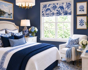 Floral Roman Shade for Bedroom, Faux Shade Valance Jacobean Floral in Deep Blue on Bright White for Living Room; Arabesque Floral in Marina