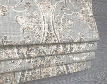 Lined Faux Fake Roman Shade Valance; Traditional Floral Medallion Paisley in Neutral Light Gray Linen; Fair Trade in Thunder