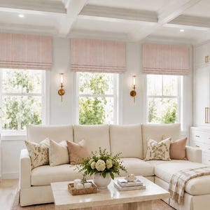 Coastal Roman Shade, Faux Shade Valance, Pink, Light Coral, and White Stripes, Antelope in Port