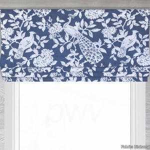 Lined Faux (Fake) Roman Shade Window Valance, Dark Blue and Off White Floral and Bird Toile; Magnolia Home Fashions; Birdsong in Navy