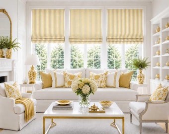 Yellow White Designer Living Room Roman Shade, Country Stripe Faux Shade Valance, Cottage Stripe in Barley