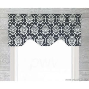 Shaped Rod Pocket Custom Valance, Fits Single Window 33 - 42 Inches ONLY, Cornice Style, Modern Floral Medallion; Black; Gray; Dreamscape image 3