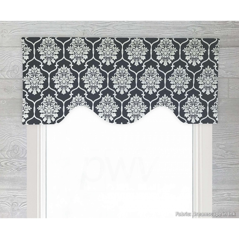 Shaped Rod Pocket Custom Valance, Fits Single Window 33 - 42 Inches ONLY, Cornice Style, Modern Floral Medallion; Black; Gray; Dreamscape image 3