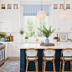 Blue Stripe Faux Shade Valance, Farmhouse Kitchen Roman Shade, Modern Coastal Window Treatment for Bathroom, Windridge Mineral Blue