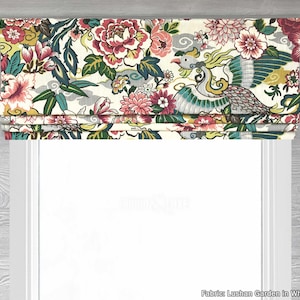 Lined Faux (Fake) Roman Shade Window Valance; Colorful Floral, Bird Toile, Blue, Green, Red, Yellow; Lushan Garden in Whimsical