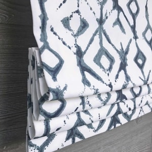 Lined Faux Roman Shade Window Valance; Dark Blue, Navy, Cream, Gray, Brown; Modern Geometric Design; Tribal in Vintage Indigo