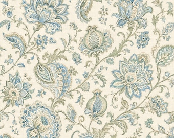 Edith in Light Blue Floral Jacobean Pinch Pleat Back Tab or Rod Pocket Drapery Curtain, Custom Made to Order, Sold Per Panel