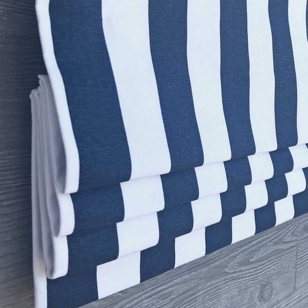 Lined Faux Fake Flat Roman Shade Valance, Contrasting Navy and White Modern Awning Stripes; Canopy in Blue;  Custom Sizing, Home Gift