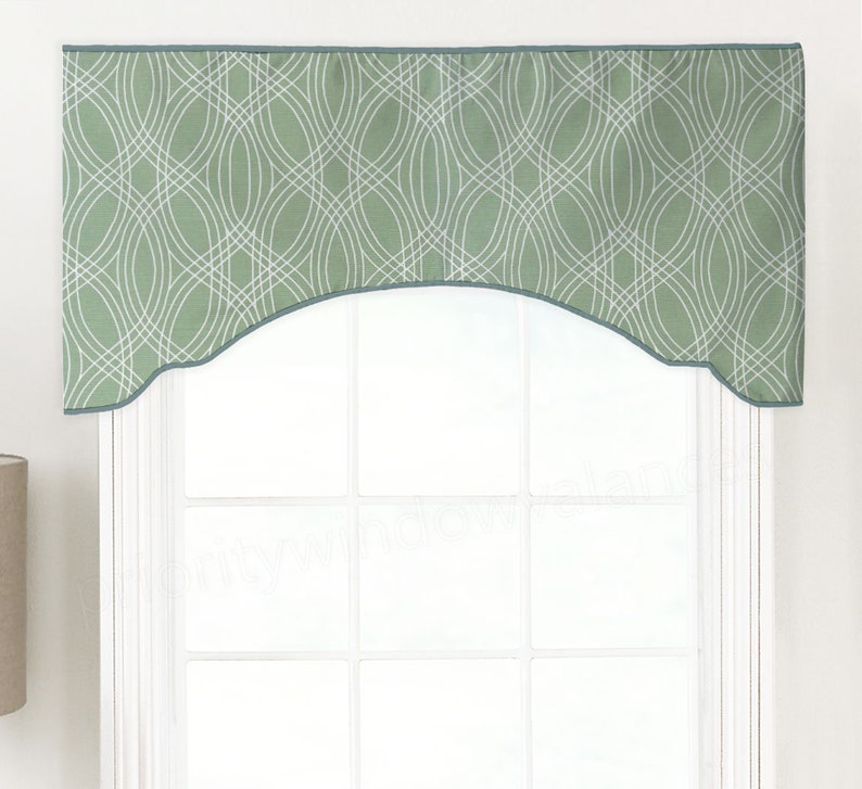 Scott Living Premier Prints Bargello Invisible Rod Pocket Contrast Piping Black Green Custom Faux Cornice Valance Blue Fake Pelmet