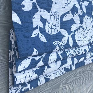 Lined Faux (Fake) Roman Shade Window Valance, Dark Blue and Off White Floral and Bird Toile; Magnolia Home Fashions; Birdsong in Navy
