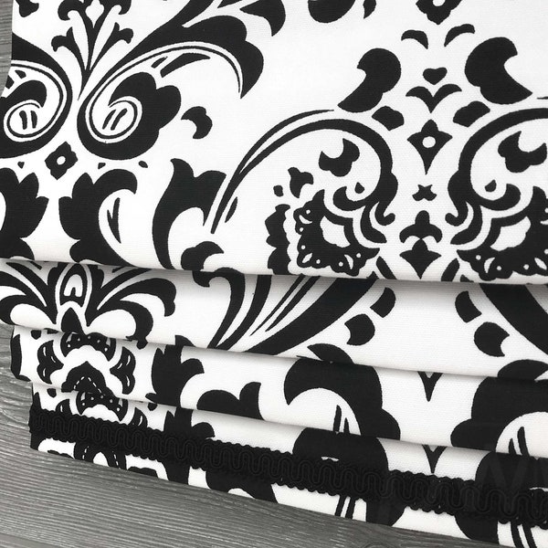 Lined Black and White Faux (Mock) Roman Shade Valance with Contrast Trim; Coordinating Gimp; Modern Damask; Traditions;, Home Gift