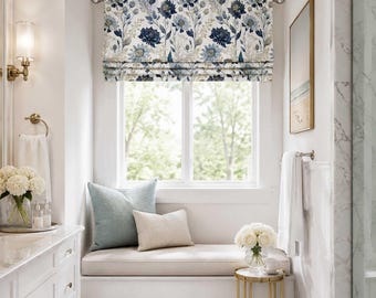 Roman Shade, Faux Shade Valance, Dark Blue, Cream, White, Doris Floral in Navy