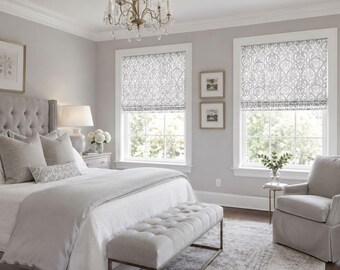 Roman Shade, Faux Shade Valance, Curtain, Gray White Medallion, Modern Room and Kitchen, Alex in French Grey