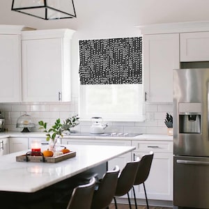 Lined Modern Faux (Fake) Flat Roman Shade Window Valance, Geometric Modern in Black; Destiny in Shadow;  Custom Sizing