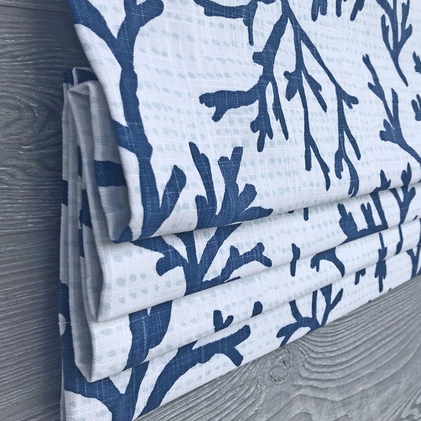 Lined Navy Blue and Light Gray Beach House Faux (Flat) Roman Shade Valance, Modern Corals; Custom, Naples in Italian Denim;