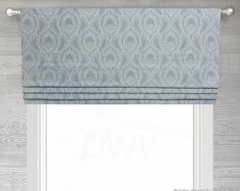 Lined Faux (Fixed) Flat Roman Shade Valance; Light Blue and White; Custom Arabesque Print Window Curtain; Alyssa in Regal Blue