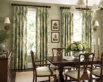 Bosporus Flax Spa Blue Linen Toile Pinch Pleat Back Tab or Rod Pocket Drapery Curtain, Sold Per Panel