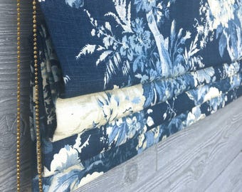 Roman Shade Made in Ballad Bouquet in Indigo Fabric, Functional Slatted Blind, Custom Sized
