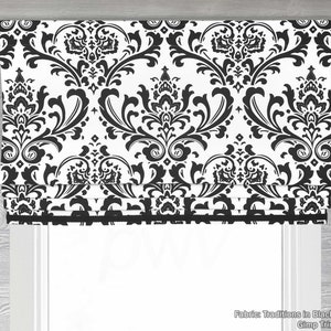 Lined Black and White Faux Mock Roman Shade Valance with Contrast Trim Coordinating Gimp Modern Damask Traditions image 2