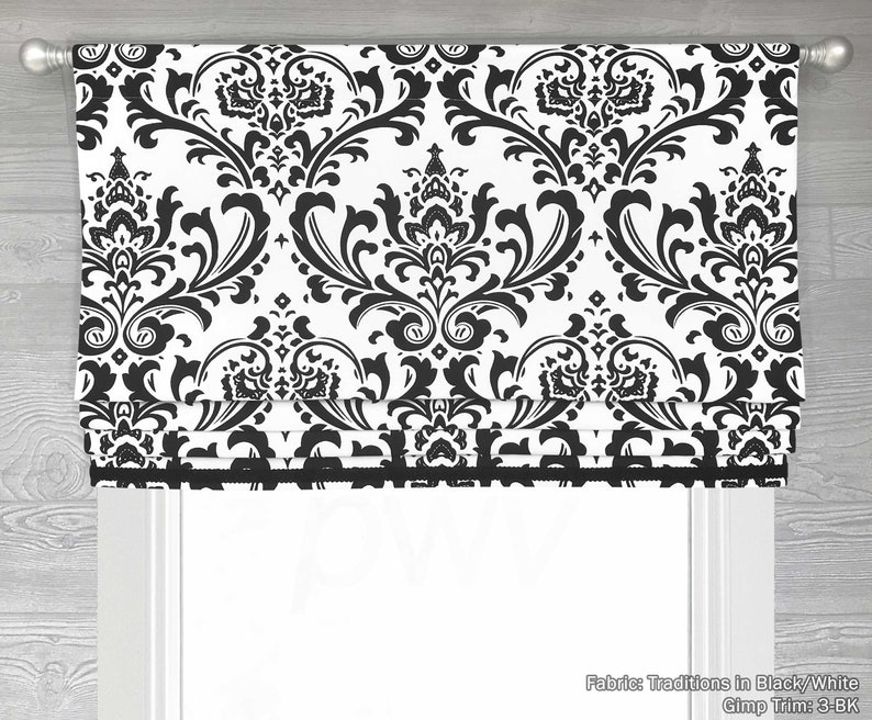 Lined Black and White Faux Mock Roman Shade Valance with Contrast Trim Coordinating Gimp Modern Damask Traditions image 2