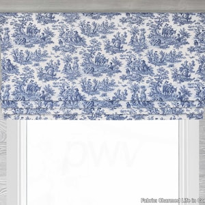 Lined Faux Roman Shade Window Valance; French Country Toile in Dark Blue and Light Cream, Waverly; Charmed Life in Cornflower