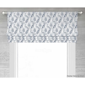 Yulee in Navy Lined Faux (Fake) Roman Shade Window Valance; Custom Window Curtain in Blue and White Leaf Pattern