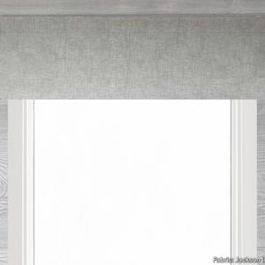 May include: A light gray fabric valance, mounted on a silver-toned rod with decorative finials. The valance is made of a textured fabric and hangs above a white window. The text "Fabric: Jackson in Storm" is visible in the bottom right corner.