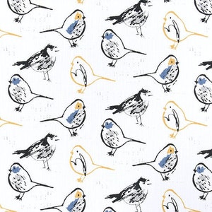 Bird Toile Brazilian Yellow Slub Canvas Pair of Rod Pocket Drapery Panels or Cafe Curtains, Custom Made to Order, Black, Blue, Yellow, White