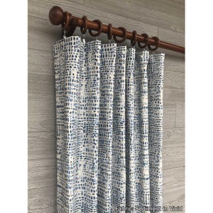 Sediment in Vivid Rod Pocket Drapery 84 96 108, Cafe Curtain, Custom, Modern Dot Print in Blue and Light Gray, Sold Per Each Single Panel