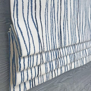 Faux Roman Shade Window Valance; Modern Stripe in Navy Blue and Dark Gray on Light Cream; Custom Window Covering; Rapids in Harbor