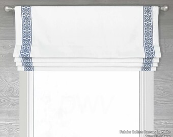 Roman Shade, Faux Shade Valance, Solid White French Blue Embroidered Floral or Geometric Tape Trim, Cotton Canvas