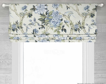 Lined Blue and Light Cream Faux Fake Roman Shade Valance; Traditional Floral and Bird Toile Curtain, Mudan in Porcelain;