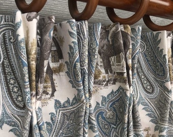 Woodgate in Putty Pinch Pleat Drapery Panel Pair 84 96 108 120, Cafe Curtains, Custom, Equestrian Theme Toile Paisley Medallion