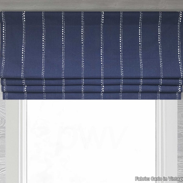 Lined Dark Blue and White Lined Faux Fake Flat Roman Shade Valance, Modern Dot Stripe; Navy, Indigo; Carlo;  Custom Sizing